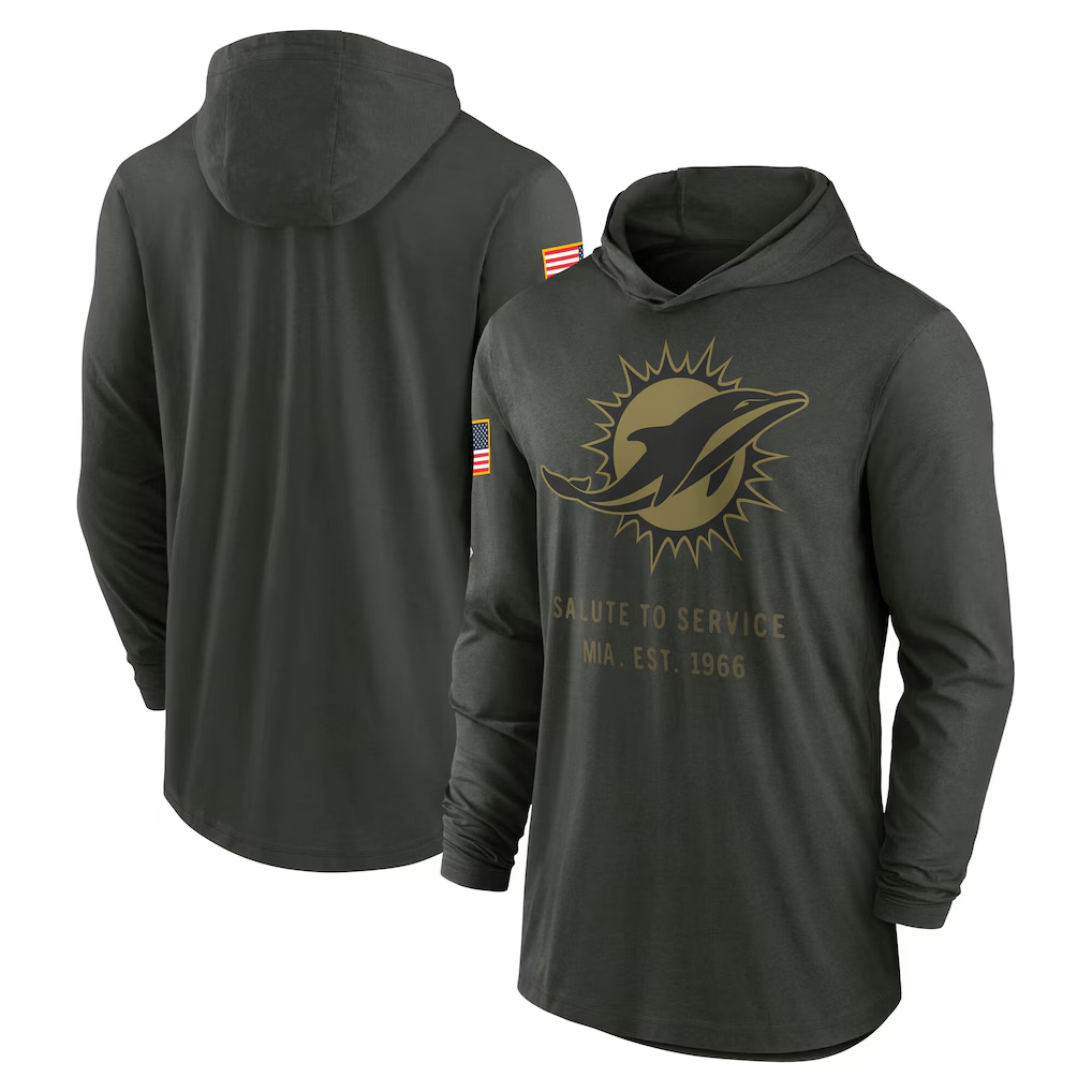Men's Miami Dolphins Forest Green 2025 Salute to Service Sideline Dri-FIT Lightweight Hooded Pullover